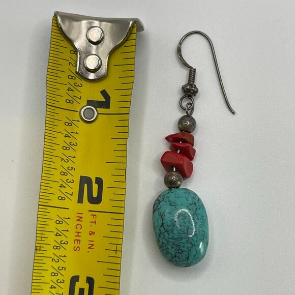 Turquoise & Coral Sterling Silver Dangle Earrings Handmade Boho Chic Style - Picture 4 of 4